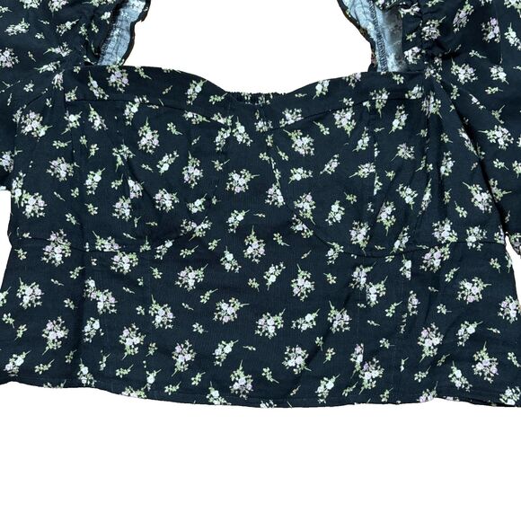 Cropped Linen Smocked Top XL Black Floral Puff Sleeve Fairygoth Cottage Romantic - Picture 3 of 8